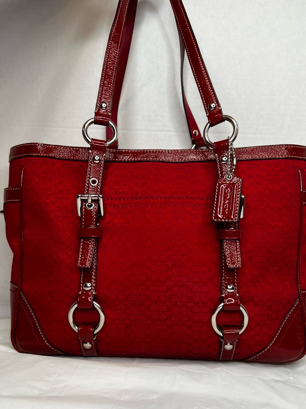 Vintage Y2K Coach F12346 Red Signature Jacquard Patent Leather Shoulder Purse